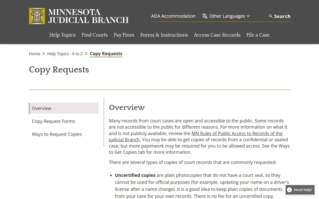 Pine County court records Judicial Branch copy request source