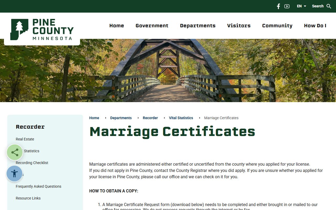 Pine County court records marriage certificate recorder source