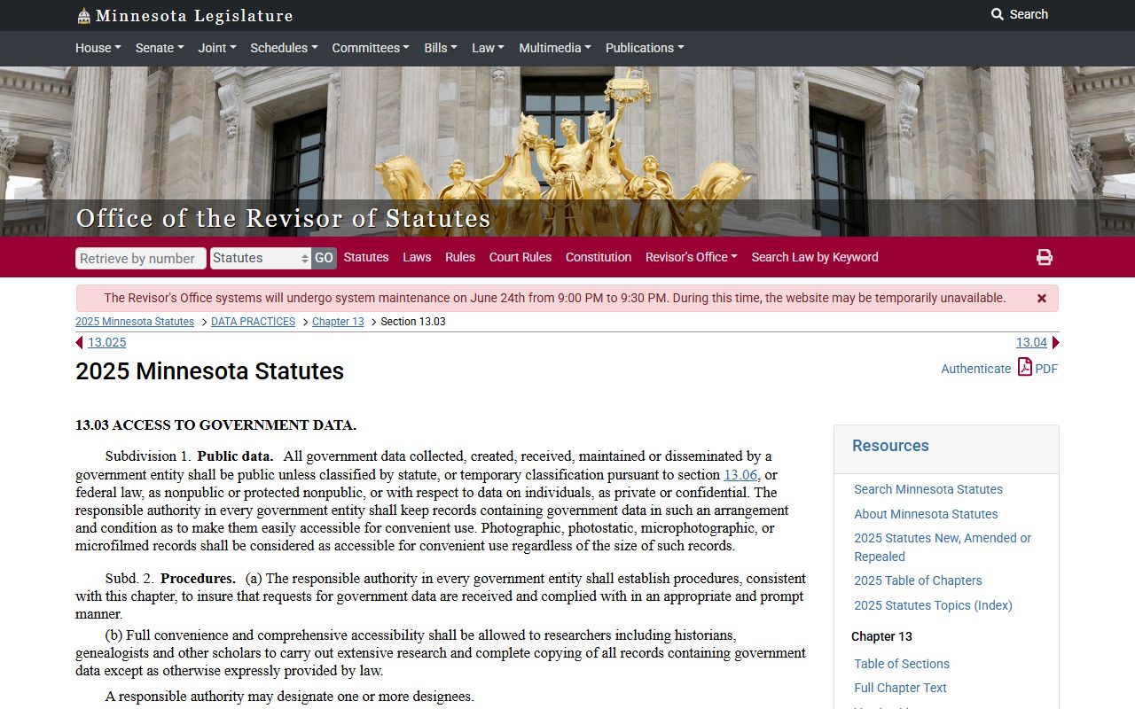 Pine County court records Minnesota Statutes section 13.03 source