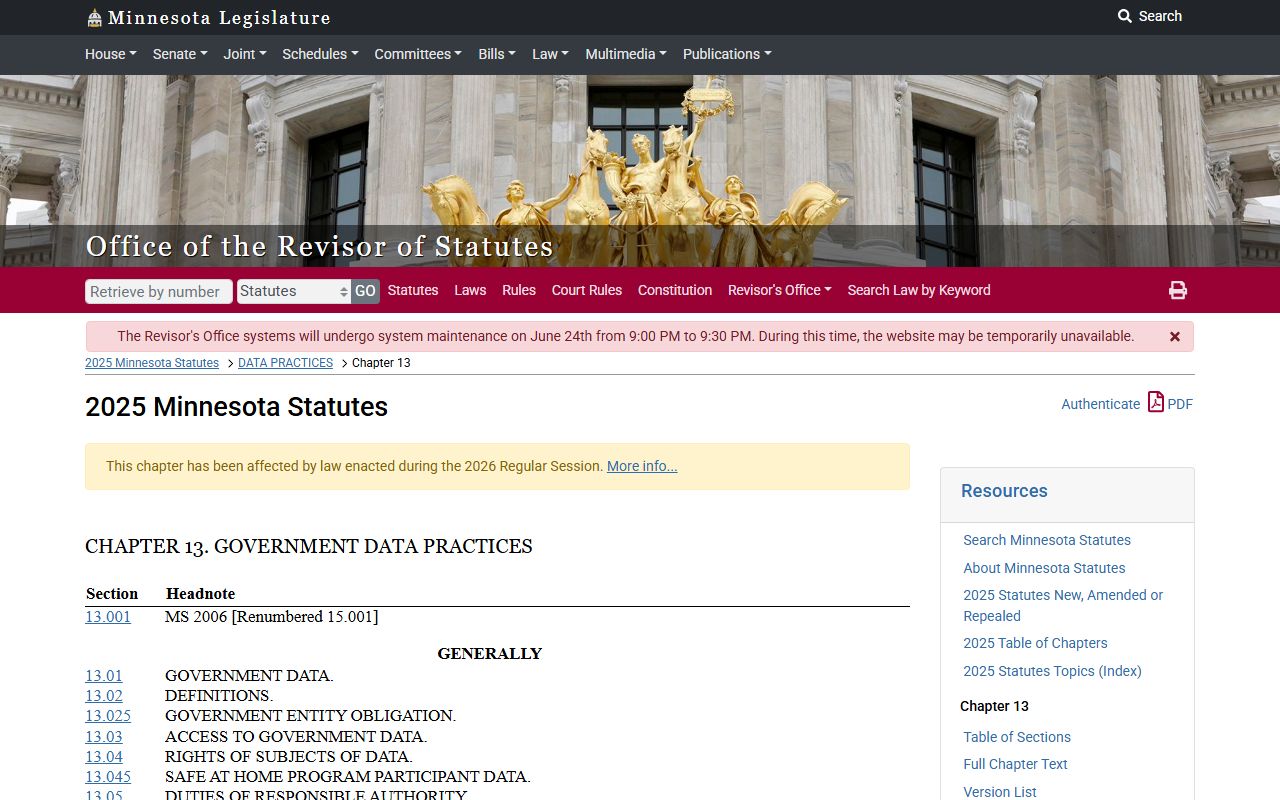 Pine County court records Minnesota Statutes Chapter 13 access source