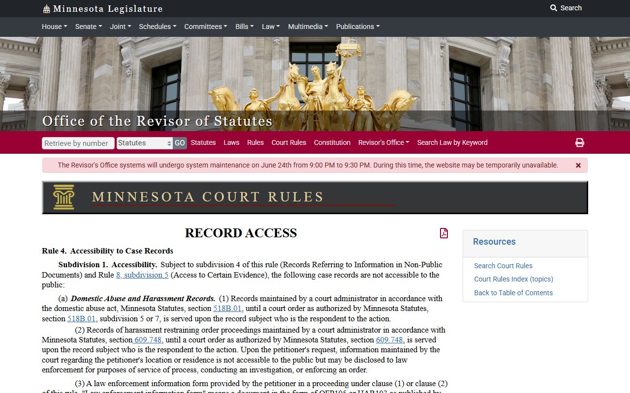 Pine County court records Minnesota Rules of Public Access Rule 4 source