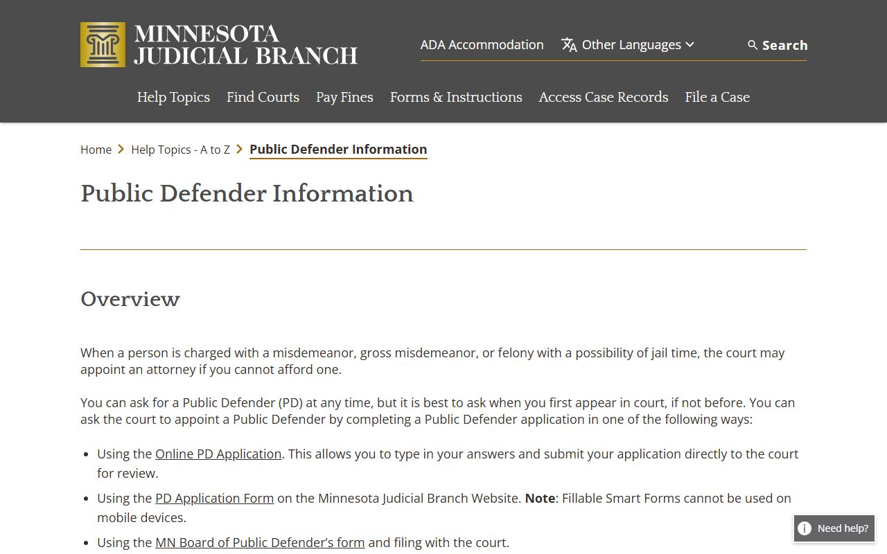 Pine County criminal court records public defender guidance