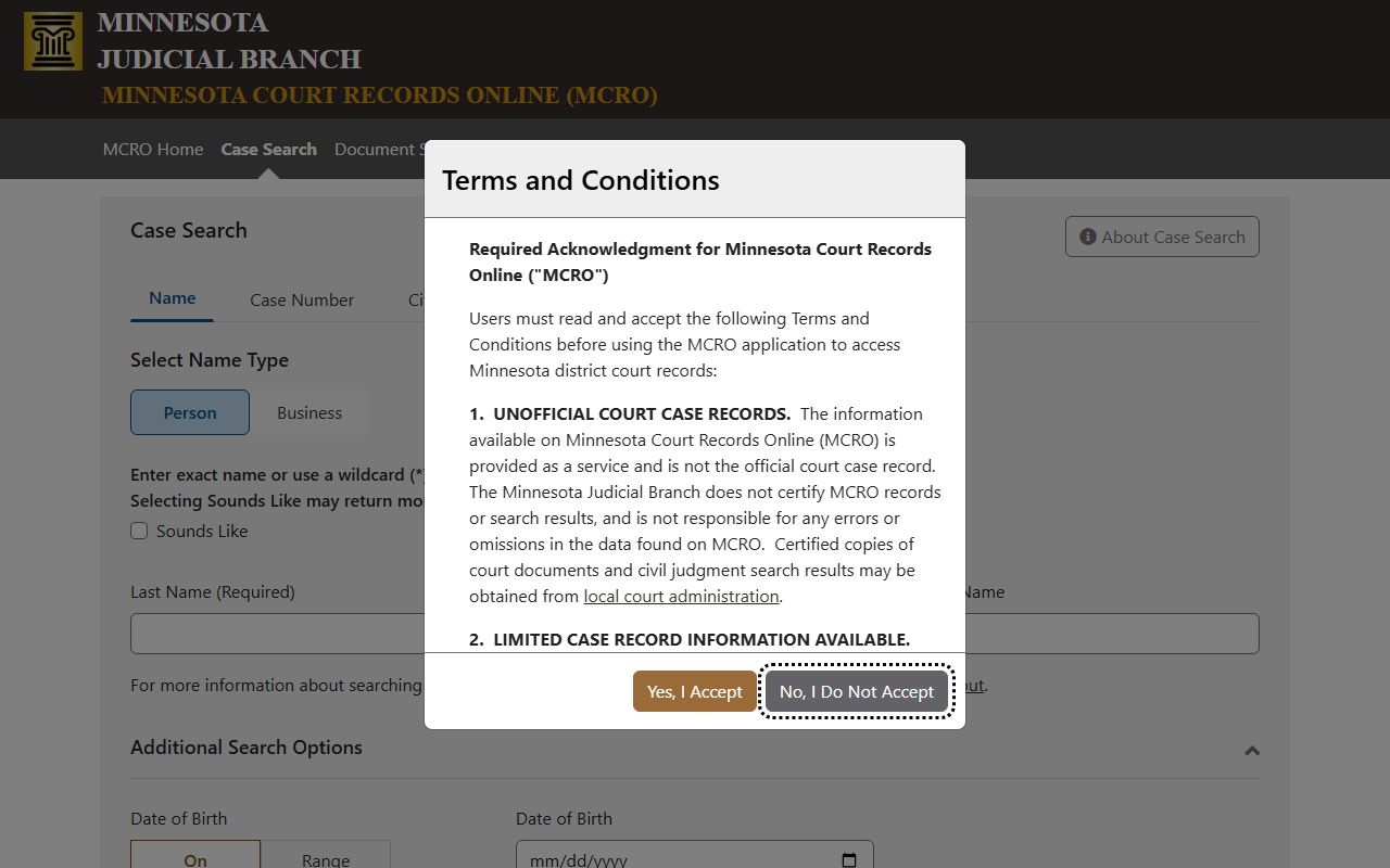 Pine County court records MCRO Case Search screen