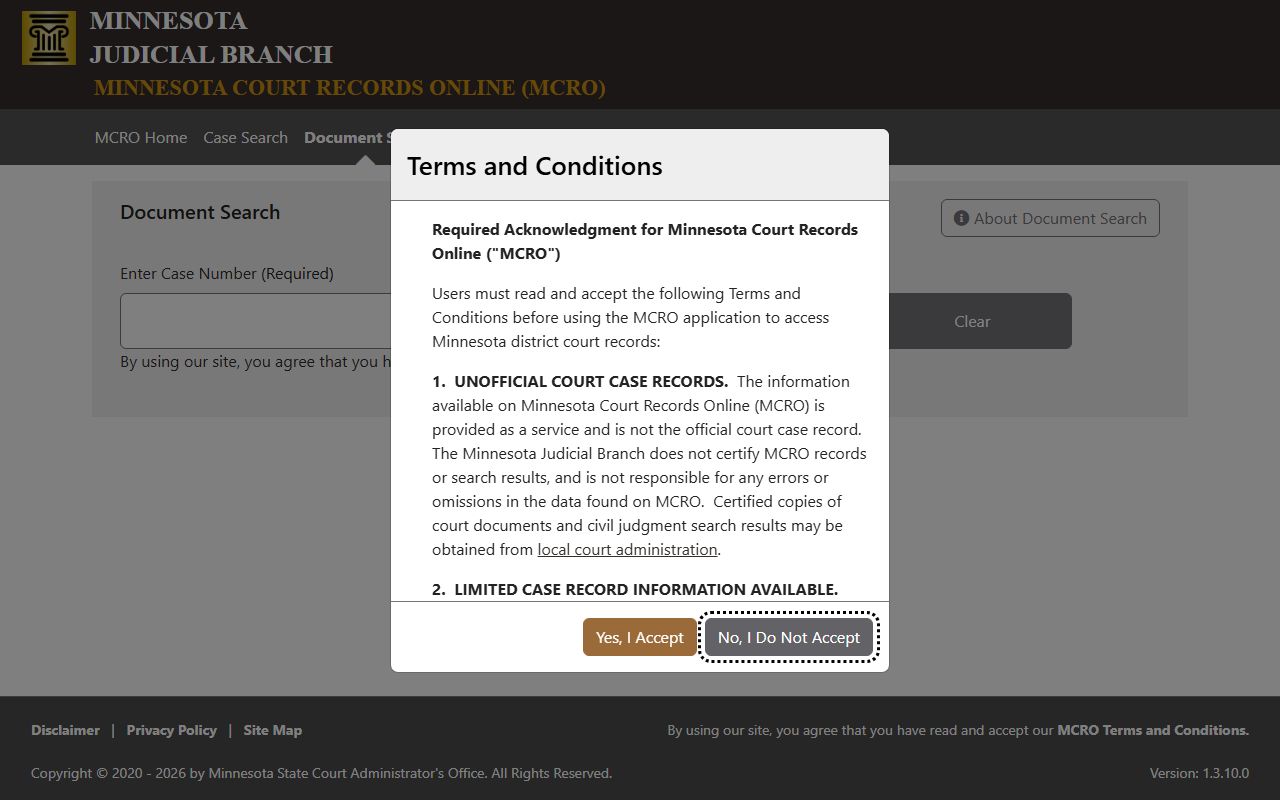 Pine County court records MCRO Document Search screen