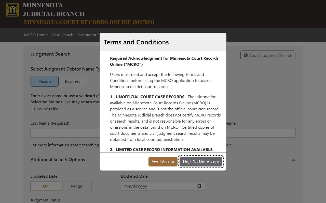 Pine County court records MCRO Judgment Search screen