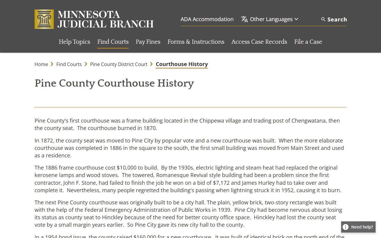 Pine County court history courthouse records page
