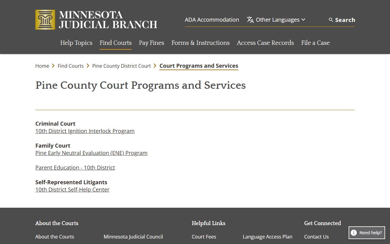 Pine County court programs and court records services