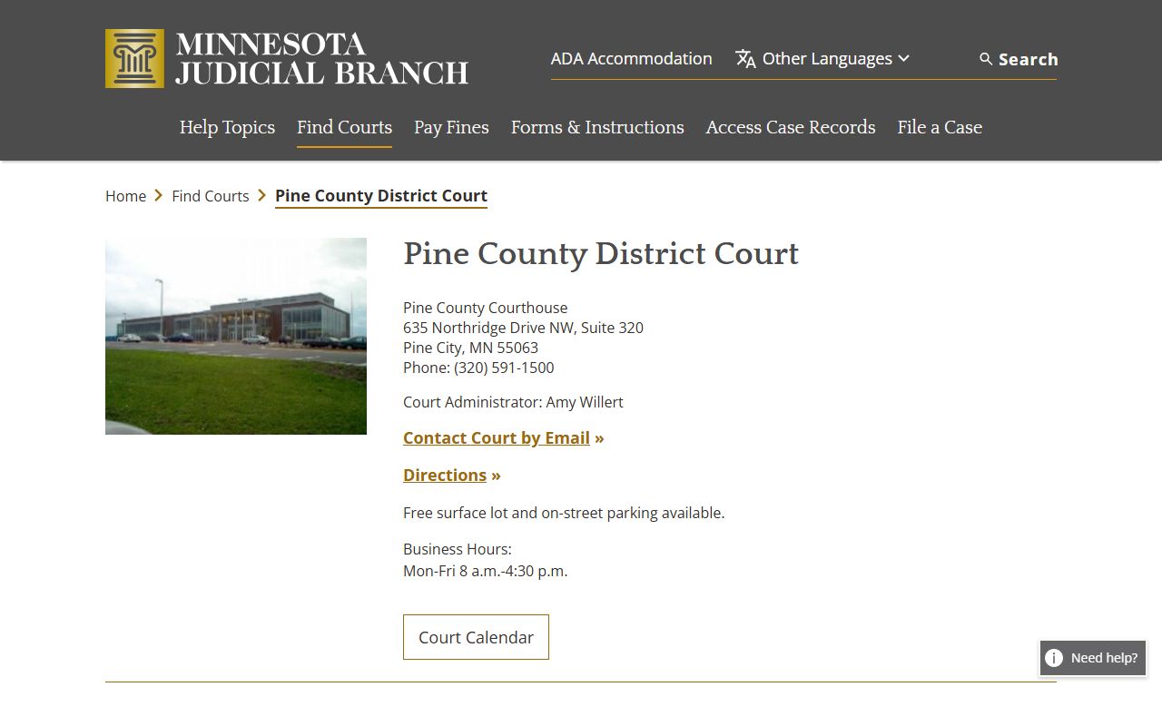 Pine County District Court records and courthouse information