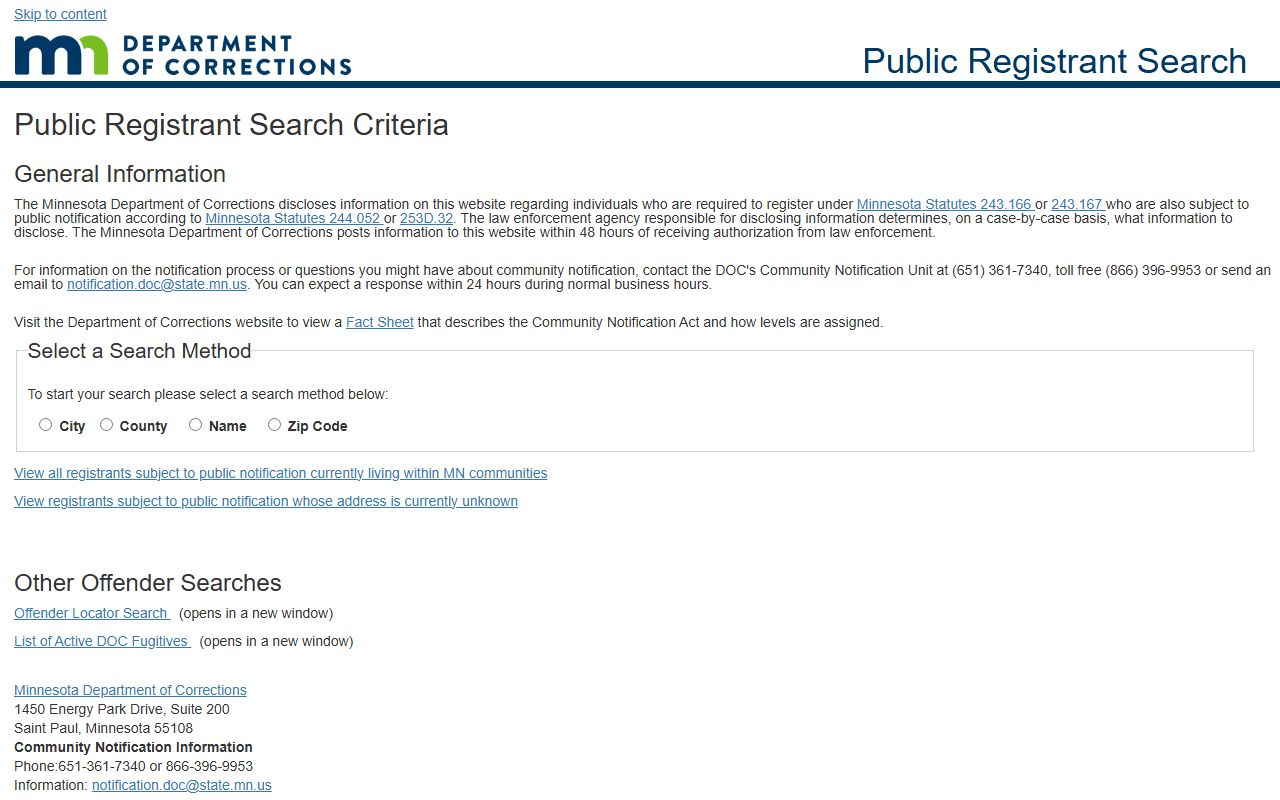 Pine County inmate records Minnesota DOC registrant search
