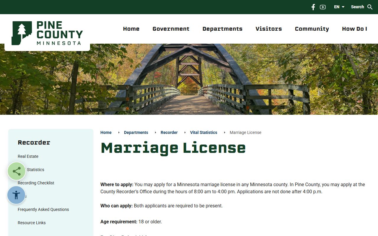 Pine County marriage records license requirements