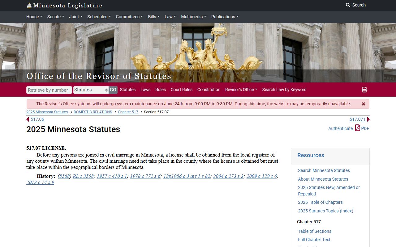 Pine County marriage records Minnesota license statute
