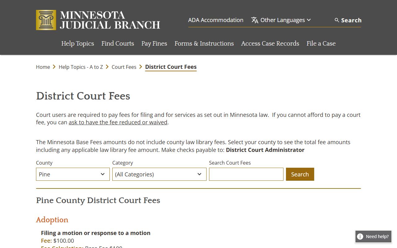 Pine County probate records District Court fee schedule